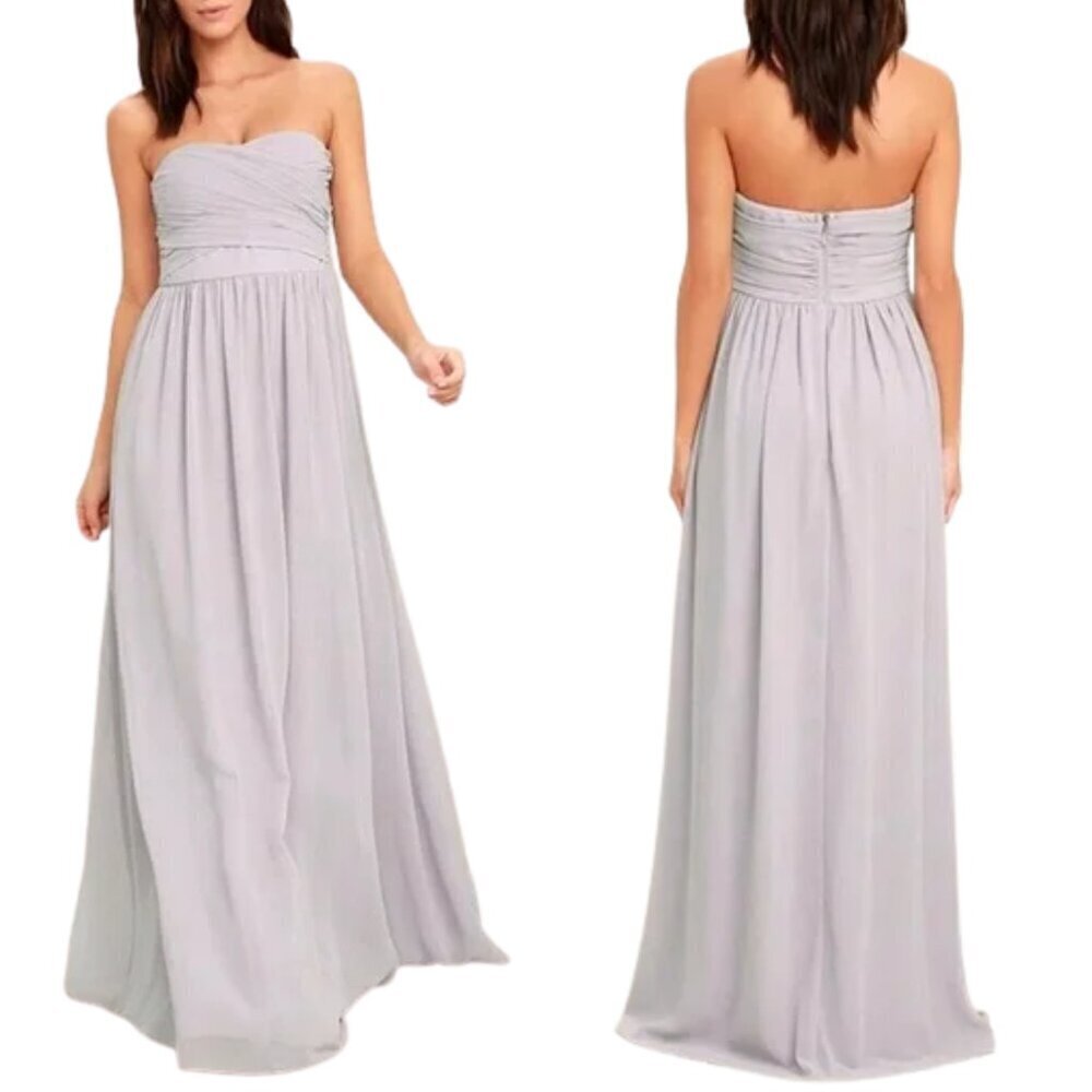 NWT Lulu’s Moonlight Serenade Gray Strapless Maxi Dress with Slit